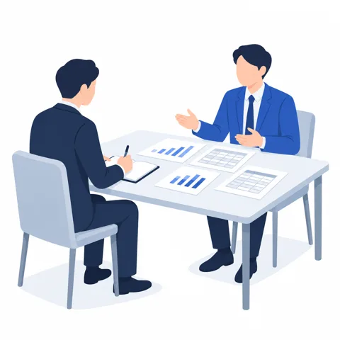 机をはさんで 2 人が向かい合って話しているイラスト。片方が手元のノートに書き取っていて、机の上には棒グラフや表の載った資料が広げてある。
