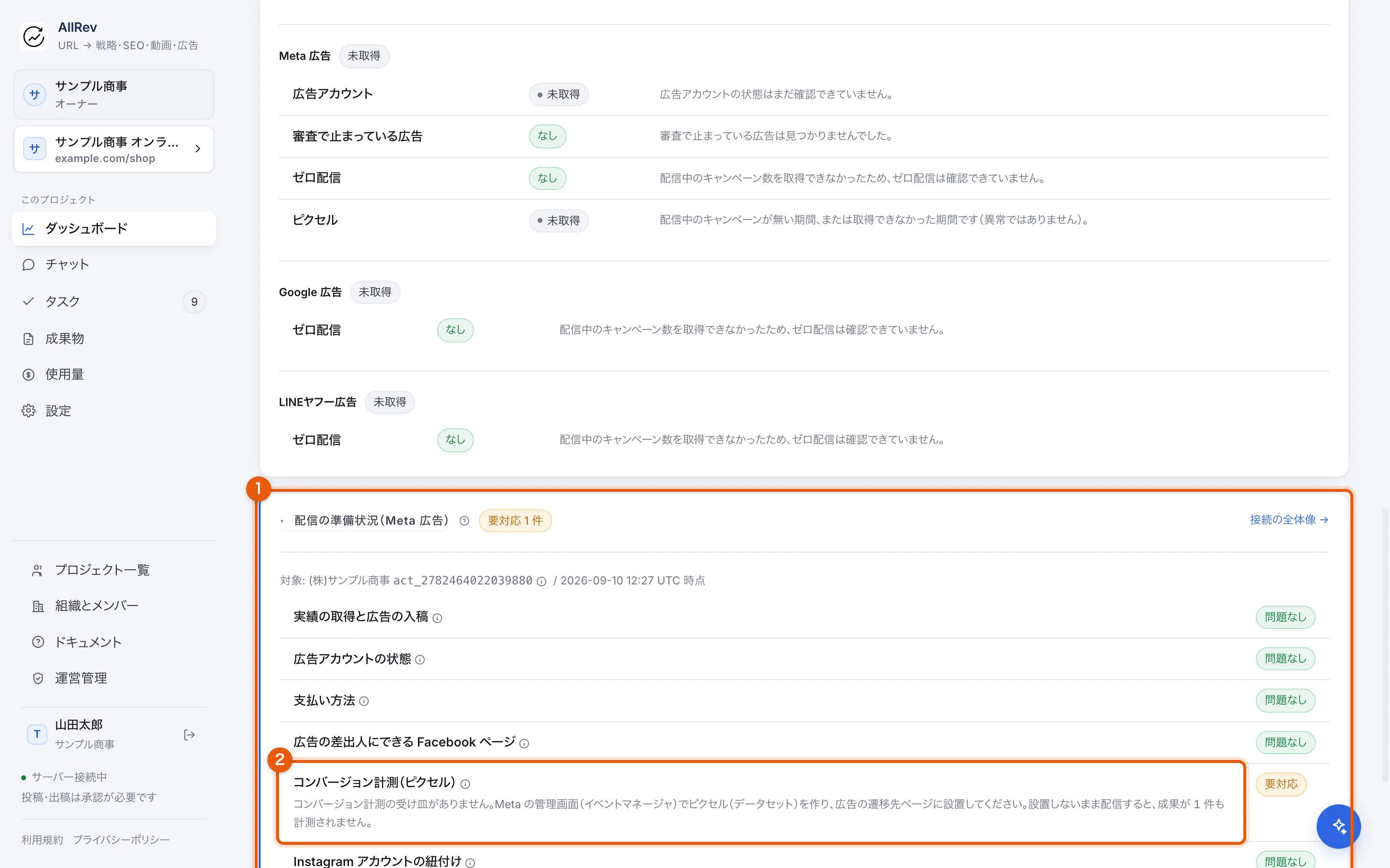 広告タブの「配信の準備状況」。できる操作と、アカウントの状態・支払い方法・計測などの確認結果が 1 つの一覧になっている