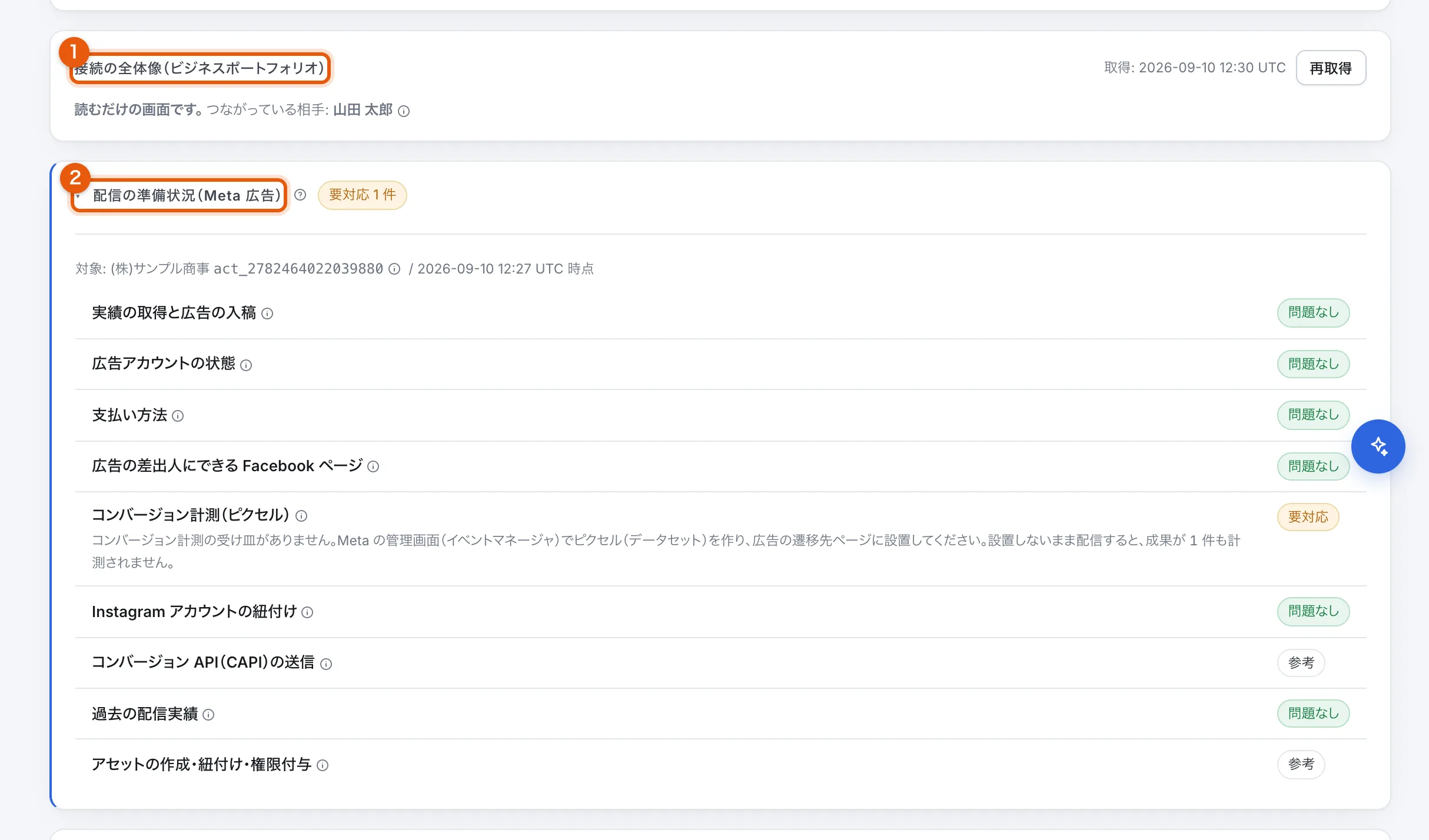 プロジェクト設定の Meta タブの「接続の全体像（ビジネスポートフォリオ）」。広告アカウント・ページ・ピクセルの繋がりが一覧になっている