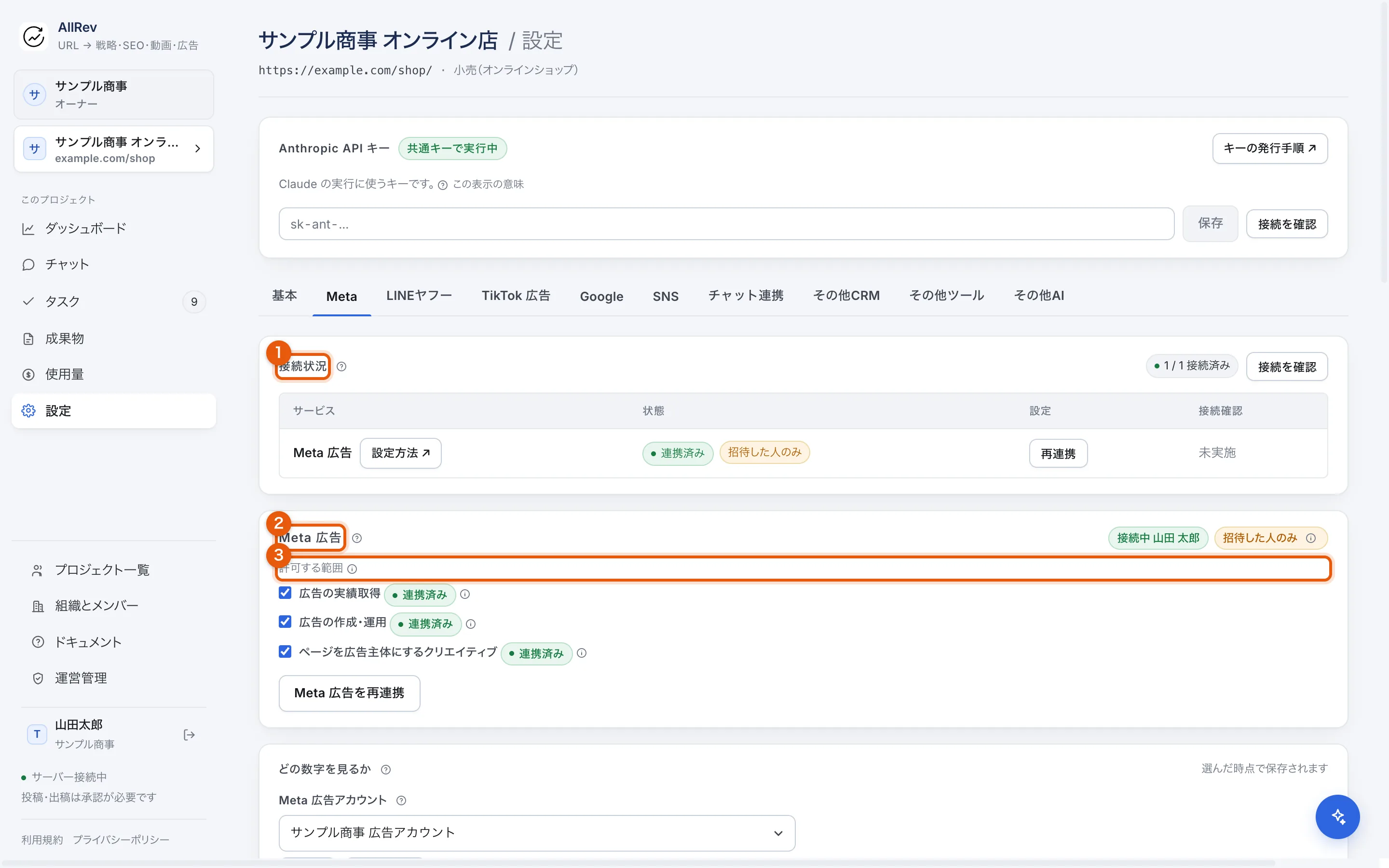 プロジェクト設定の Meta タブ。接続状況の一覧と、Meta 広告の連携カードがある